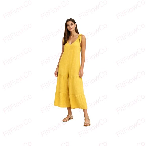 Pants - Italian 100% Linen Yellow Tie Strap Wide Leg Jumpsuit One Size Boho Resort